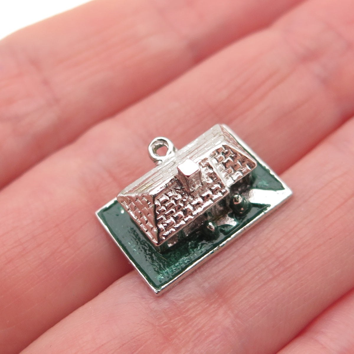 925 Sterling Silver Vintage Enamel House 3D Mini Charm Pendant
