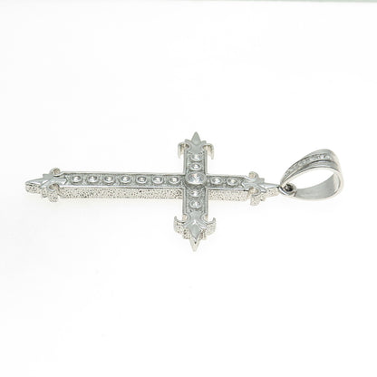 925 Sterling Silver Round-Cut Shaped C Z Fleur-de-Lis Cross Pendant