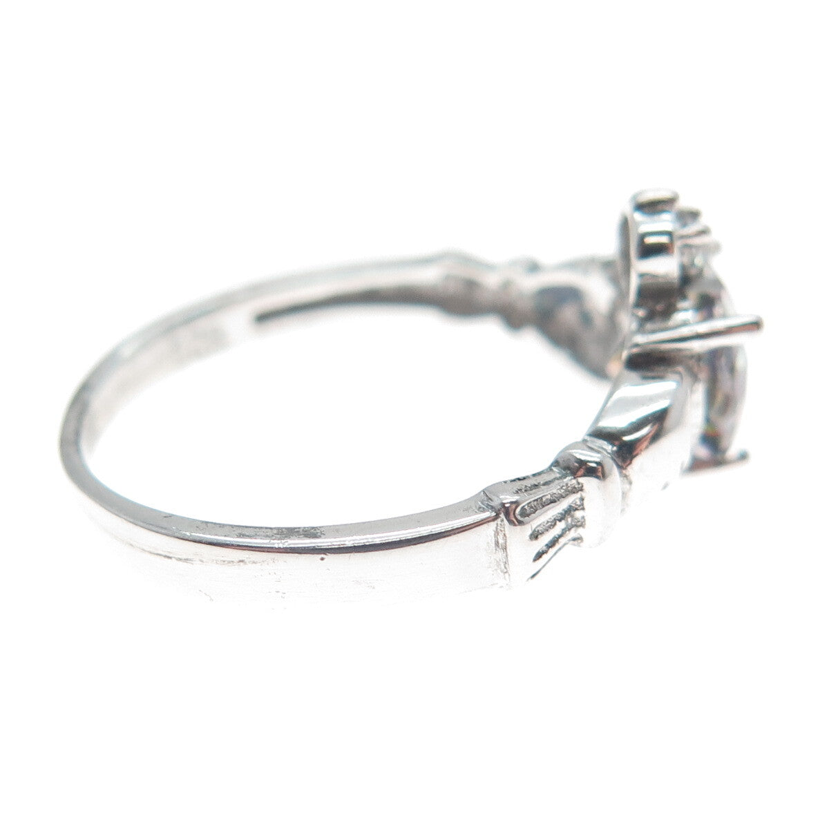 925 Sterling Silver Heart-Cut Mystic Quartz & C Z Irish Claddagh Ring Size 7.5