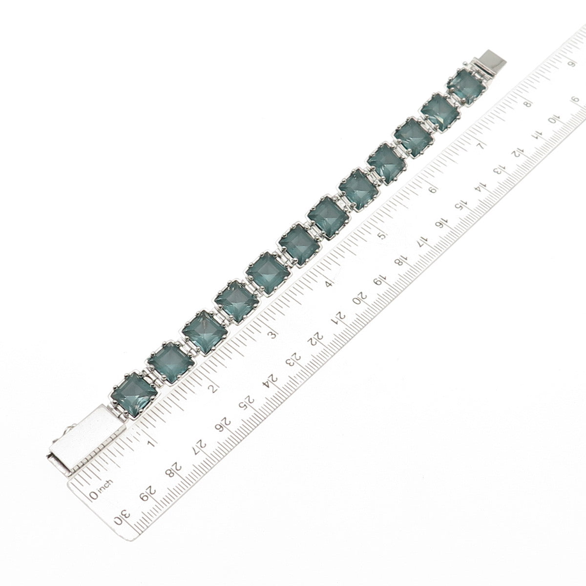 925 Sterling Silver Vintage Asscher-Cut Blue Rhinestone Bracelet 7.25"