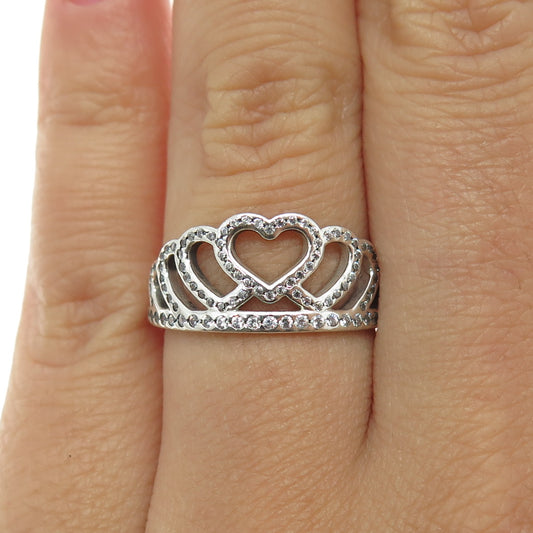 PANDORA 925 Sterling Silver Pave C Z Hearts Tiara Ring Size 7