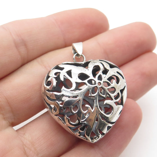 925 Sterling Silver Vintage Ornate Puffy Heart 3D Pendant