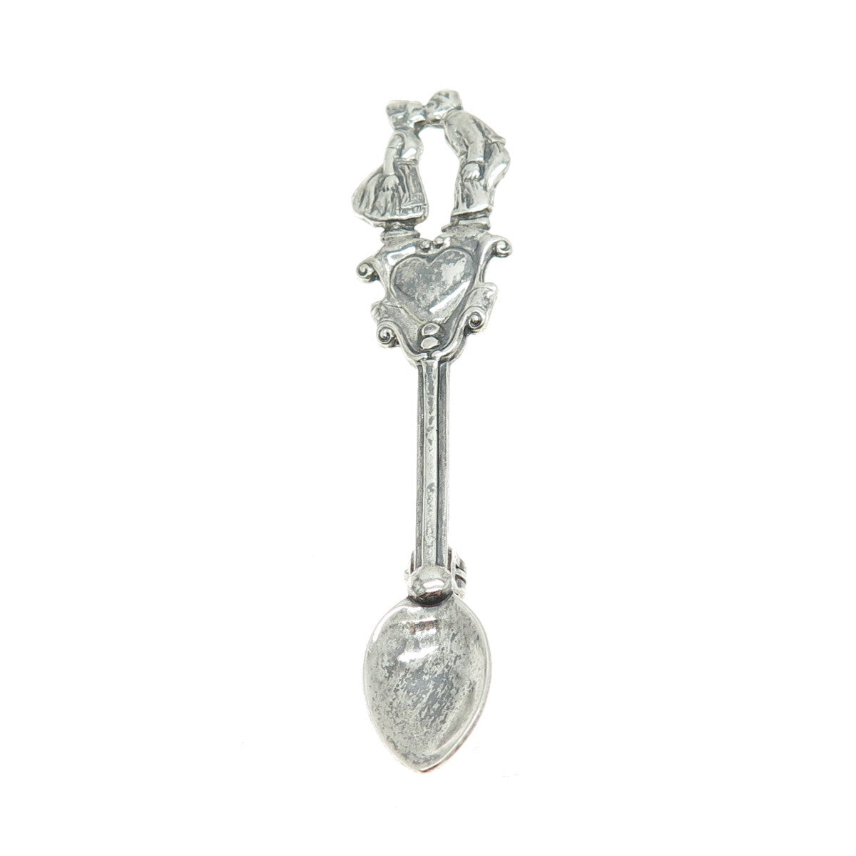 925 Sterling Silver Antique Art Deco Couple Kiss Oxidized Salt Spoon Pin Brooch
