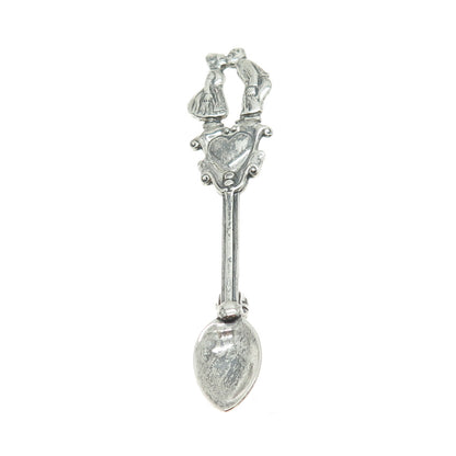 925 Sterling Silver Antique Art Deco Couple Kiss Oxidized Salt Spoon Pin Brooch