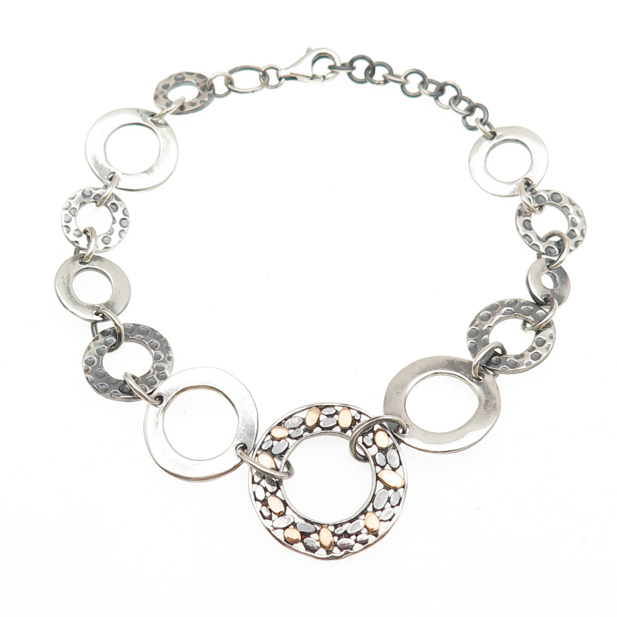 925 Sterling Silver 18K Gold Vintage Modernist Circle Link Bracelet 7.75-8.75"