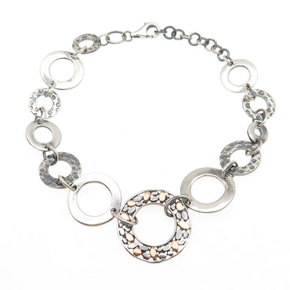 925 Sterling Silver 18K Gold Vintage Modernist Circle Link Bracelet 7.75-8.75"