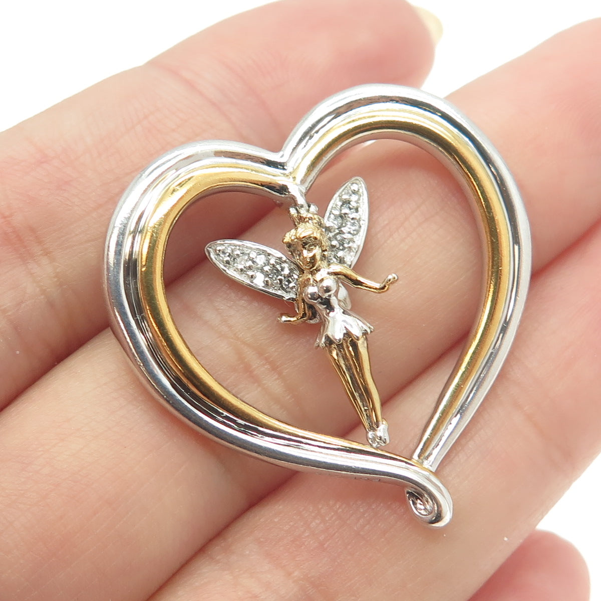 DISNEY 925 Sterling Silver 2-Tone C Z Tinker Bell Fairy Believe Heart Pin Brooch