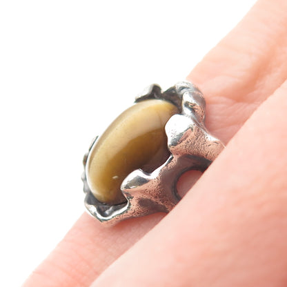 925 Sterling Silver Vintage Real Tiger Eye Modernist Oxidized Ring Size 3
