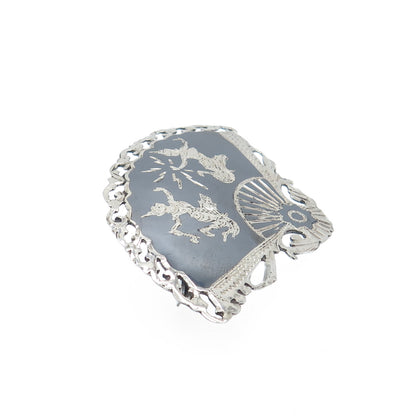 925 Sterling Silver Antique Siam Niello Hindu Goddess Fan Pin Brooch