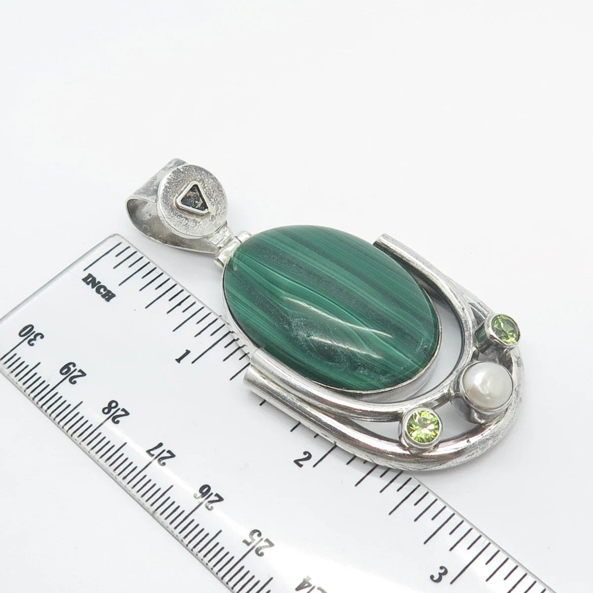 925 Sterling Silver Vintage Real Malachite Peridot Gemstone & Pearl Pendant