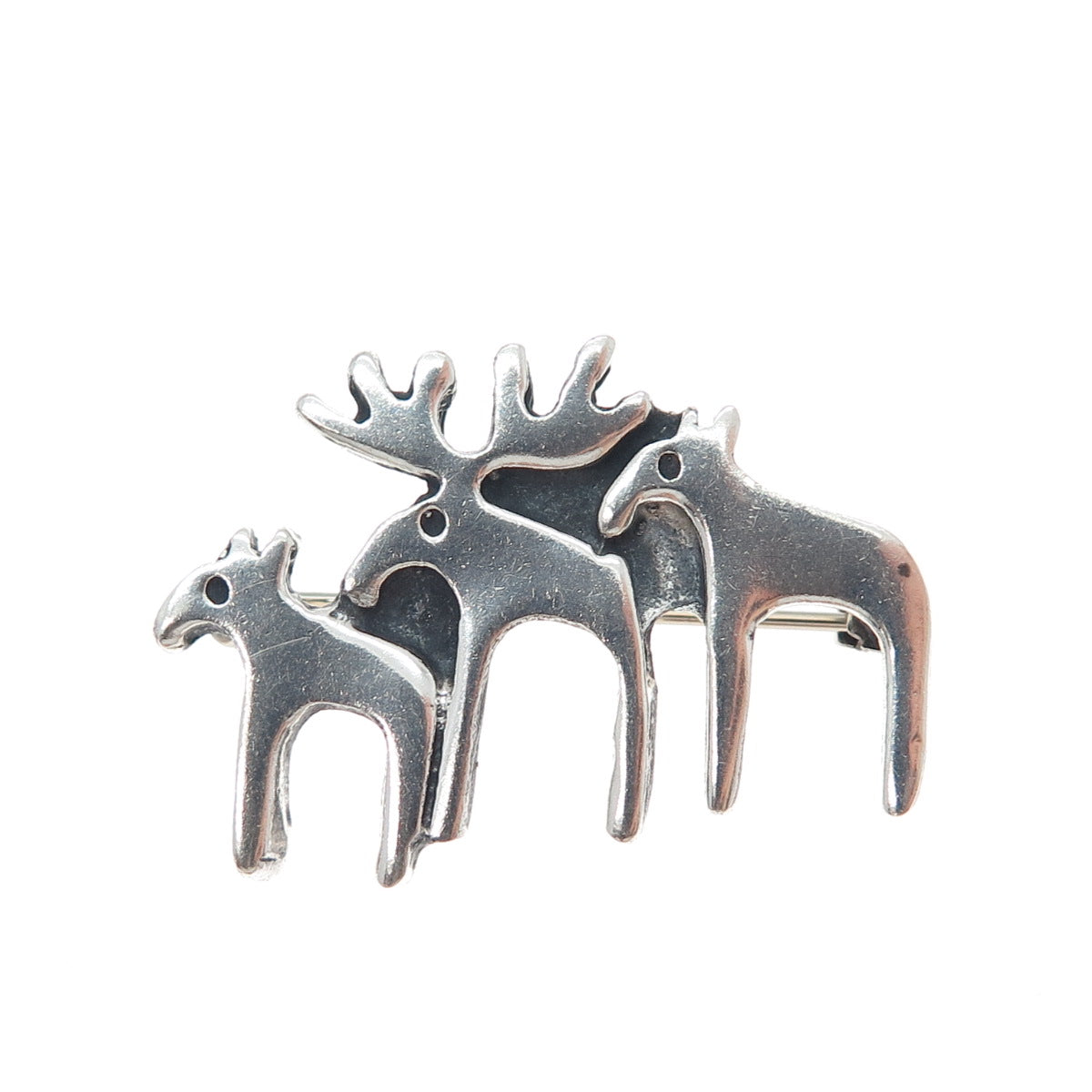 925 Sterling Silver Vintage Modernist Moose Family Oxidized Pin Brooch