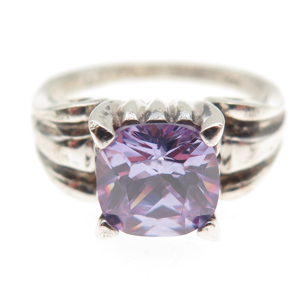 925 Sterling Silver Vintage Cushion-Cut Lavender C Z Ring Size 8.25