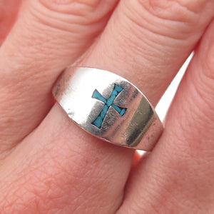 Old Pawn 925 Sterling Silver Vintage Turquoise Inlay Cross Tribal Ring Size 10