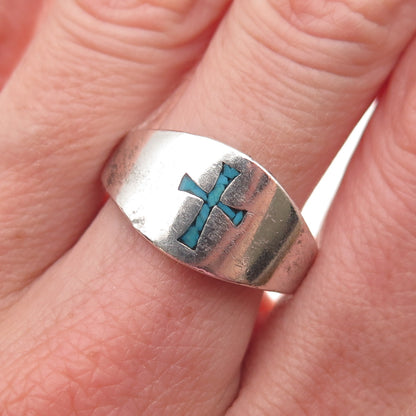 Old Pawn 925 Sterling Silver Vintage Turquoise Inlay Cross Tribal Ring Size 10