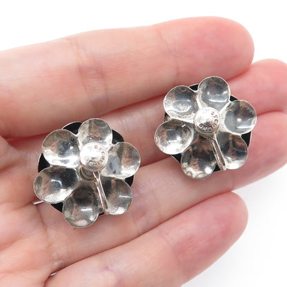 925 Sterling Silver Vintage Modernist Rose Flower Oxidized Screw Back Earrings