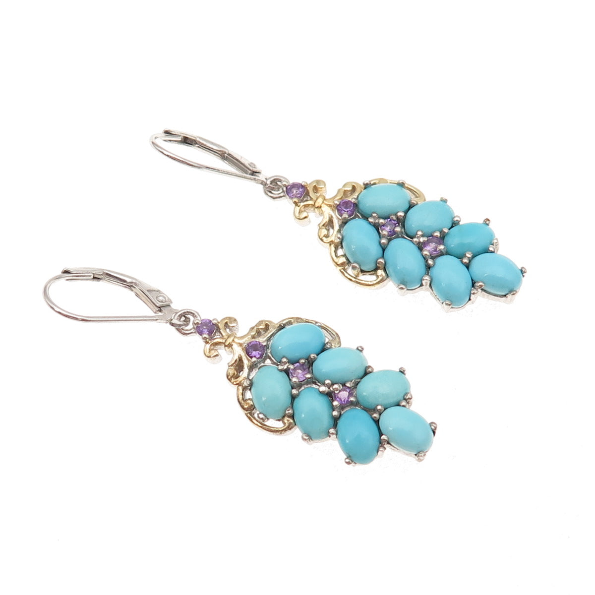 Chuck Clemency Sterling Silver 2-Tone Real Turquoise & Amethyst Dangle Earrings