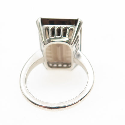 925 Sterling Silver Vintage Real Emerald-Cut Smoky Quartz Ring Size 6