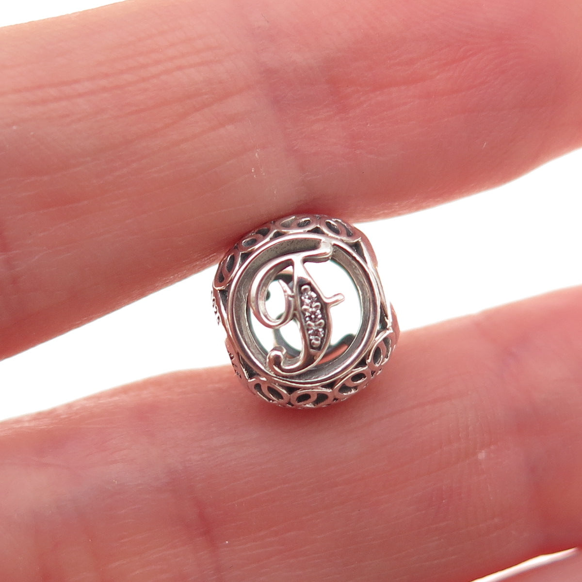 Pandora 925 Sterling Silver C Z Letter F Initial Slide Bead Charm