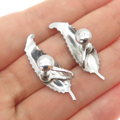 925 Sterling Silver Antique Art Deco Feather Oxidized Screw Back Earrings