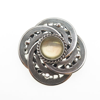 MIRAJ 925 Sterling Silver Vintage Glass Modernist Flower Oxidized Pin Brooch