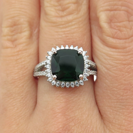 925 Sterling Silver Real Cushion-Cut Chrome Diopside & C Z Ring Size 9.25