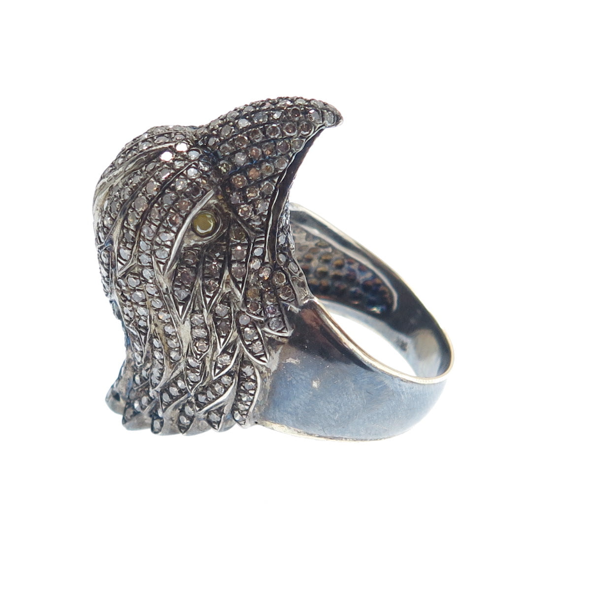925 Sterling Silver Black Rhodium & 14K Gold Real Diamond Eagle Ring Size 8