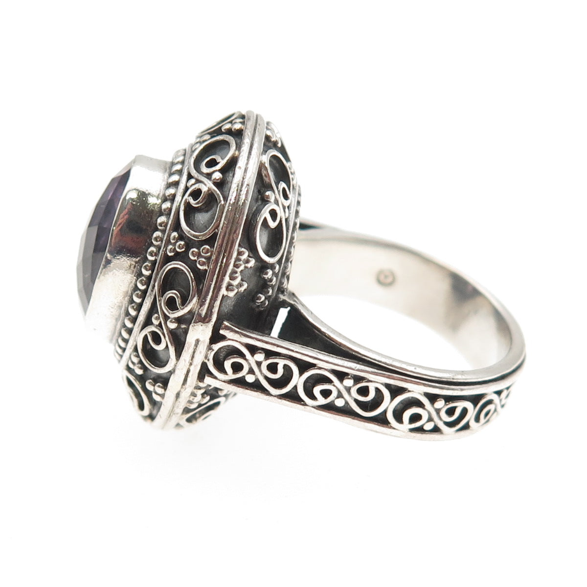 925 Sterling Silver Vintage Real Amethyst Swirl Granulated Ring Size 7.5