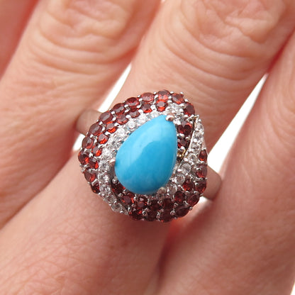 Chuck Clemency 925 Sterling Silver Real Turquoise Garnet & Topaz Ring Size 8.25