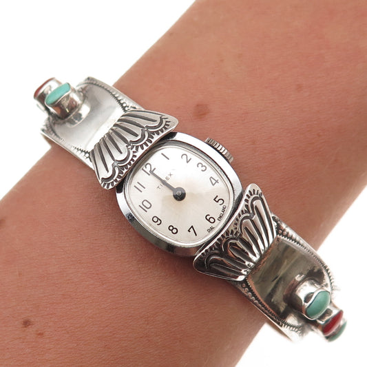 Willie Long Navajo Timex Watch Old Pawn Sterling Turquoise Coral Bracelet 5.75"