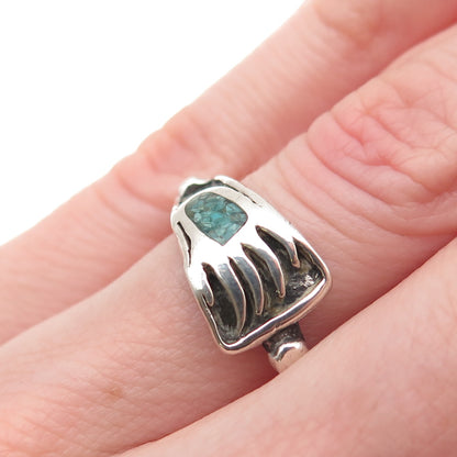 Old Pawn 925 Sterling Silver Vintage Turquoise Inlay Bear Paw Ring Size 5.75