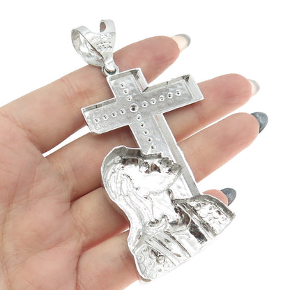 925 Sterling Silver Pave C Z Jesus Cross Religious Pendant