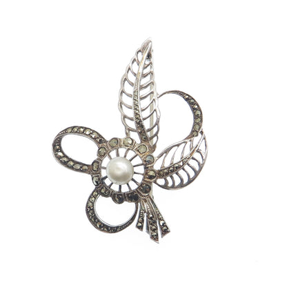 925 Sterling 2-Tone Antique Real Pear & Marcasite Leaf Brooch (missing 1 stone)