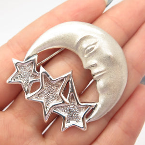 925 Sterling Silver Vintage Mexico Crescent Moon Face & Star Pin Brooch