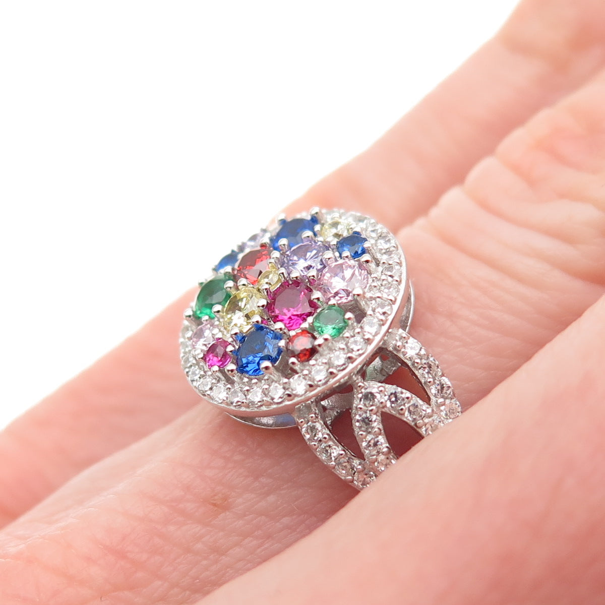925 Sterling Silver Round-Cut Multi-Color C Z Ring Size 6