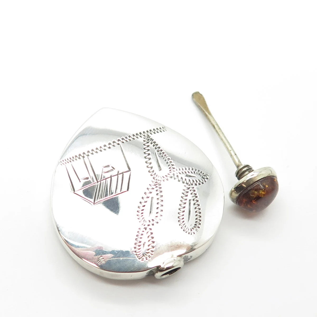 925 Sterling Silver Vintage Real Amber Etched Perfume Bottle