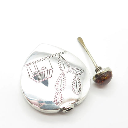 925 Sterling Silver Vintage Real Amber Etched Perfume Bottle