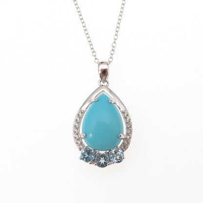 925 Sterling Silver Real Turquoise Blue & White Topaz Cable Chain Necklace 18"