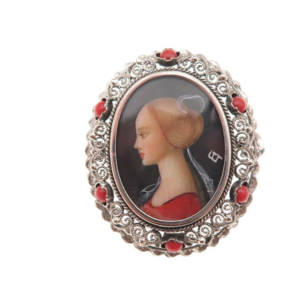 800 Silver Antique Real Coral Hand Painted Cameo Portrait Pin Brooch / Pendant