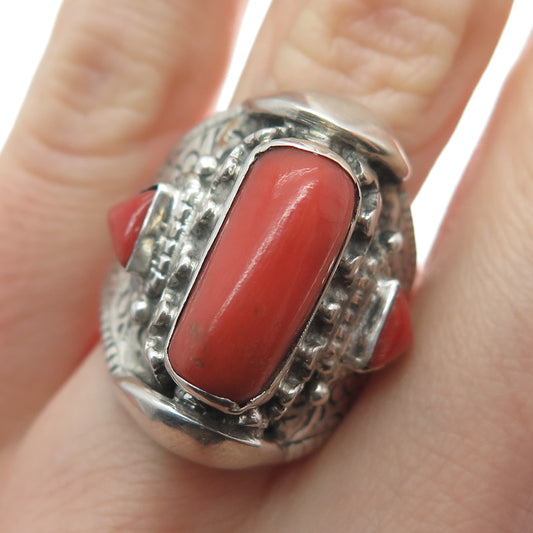 925 Sterling Silver Vintage Real Coral Modernist Adjustable Ring Size 9
