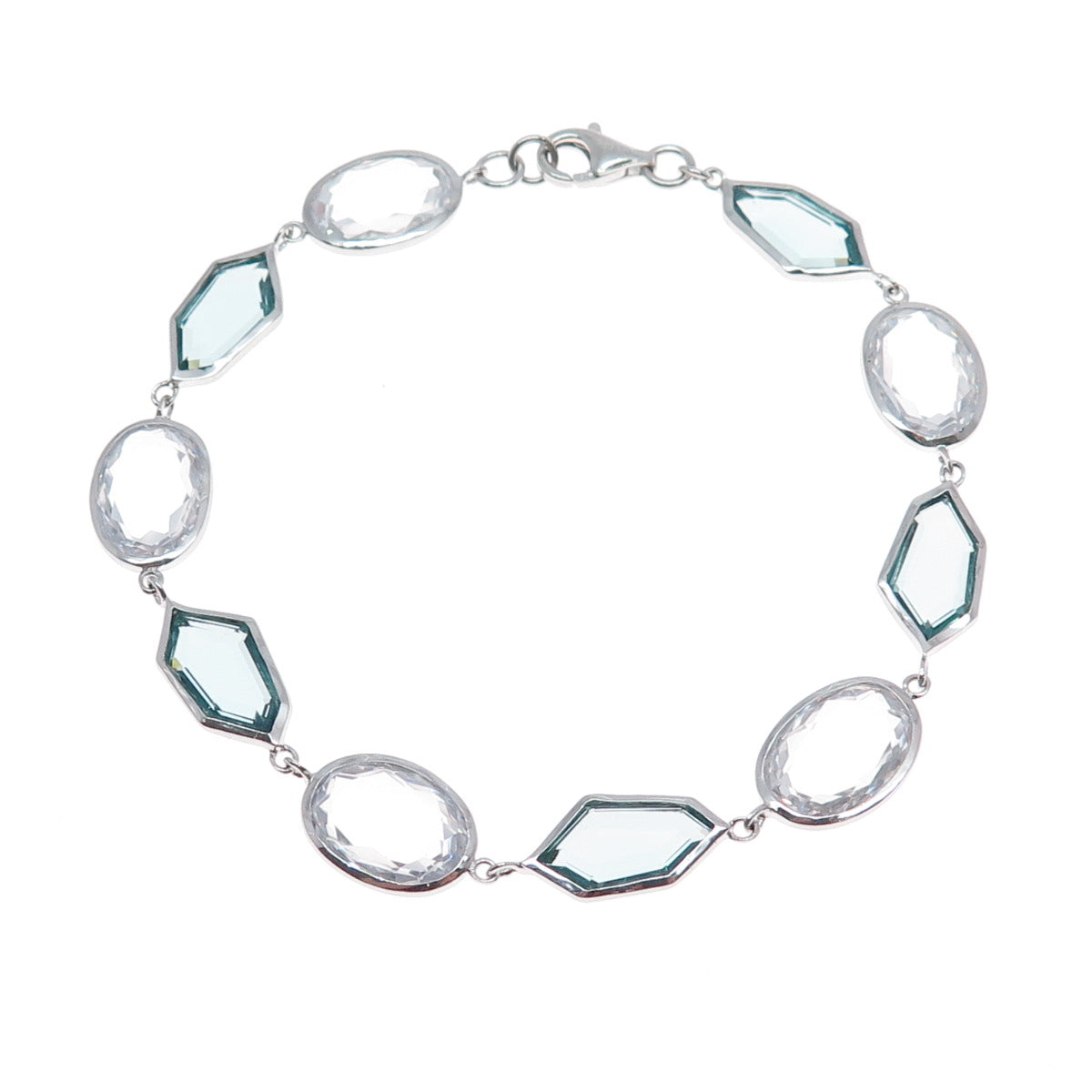 925 Sterling Silver Multi-Cut White & Blue C Z Modernist Link Bracelet 8"