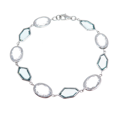 925 Sterling Silver Multi-Cut White & Blue C Z Modernist Link Bracelet 8"