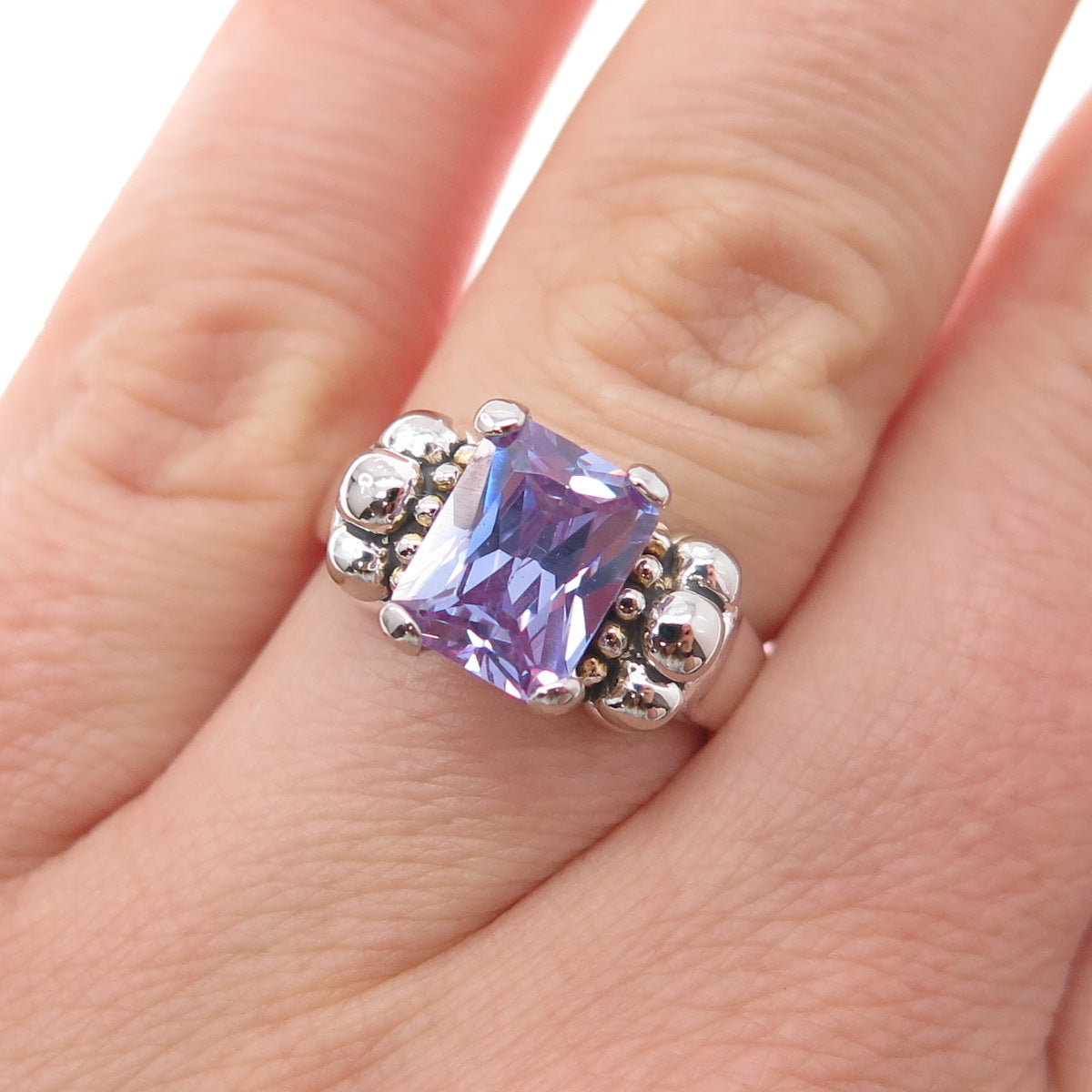 925 Sterling Silver Vintage Radiant-Cut Lavender C Z Modernist Ring Size 7