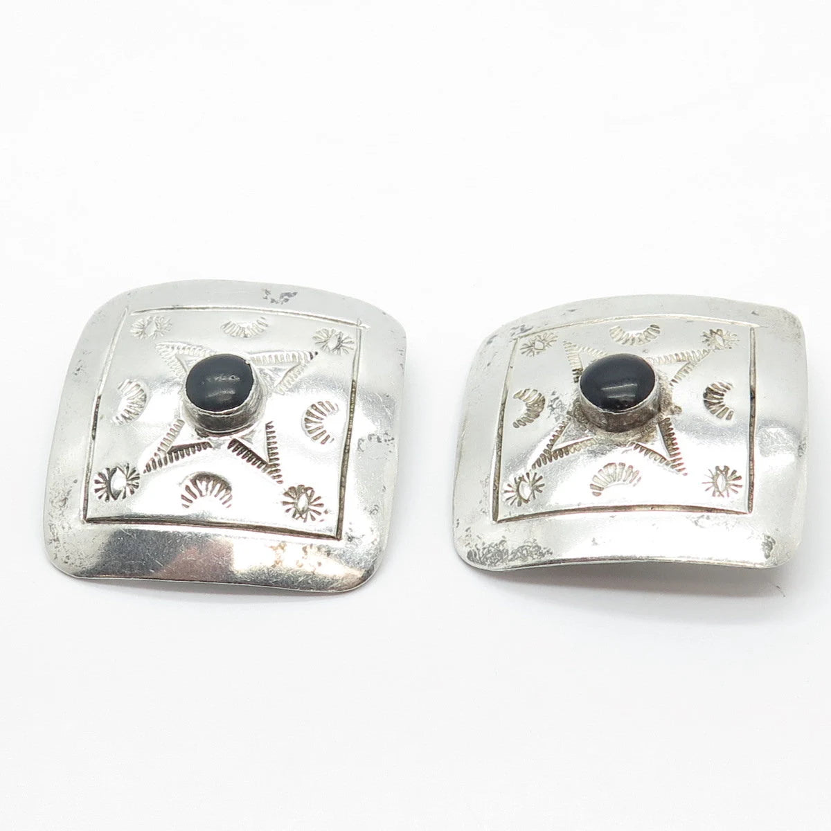 925 Sterling Silver Vintage Mexico Real Black Onyx Gem Rhombus Clip On Earrings