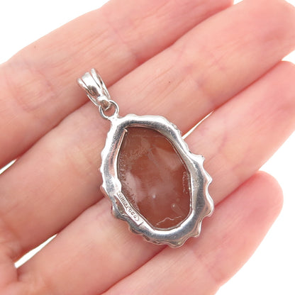 925 Sterling Silver Vintage Italy Real MOP & C Z Floral Cameo Charm Pendant