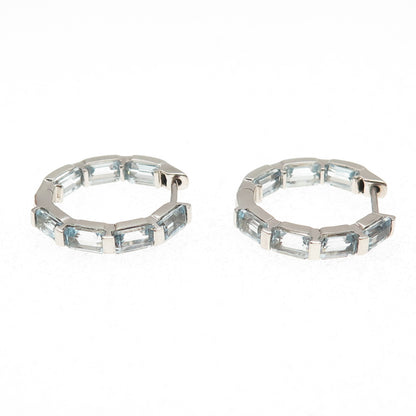 925 Sterling Silver Real Emerald-Cut Blue Topaz Hoop Earrings