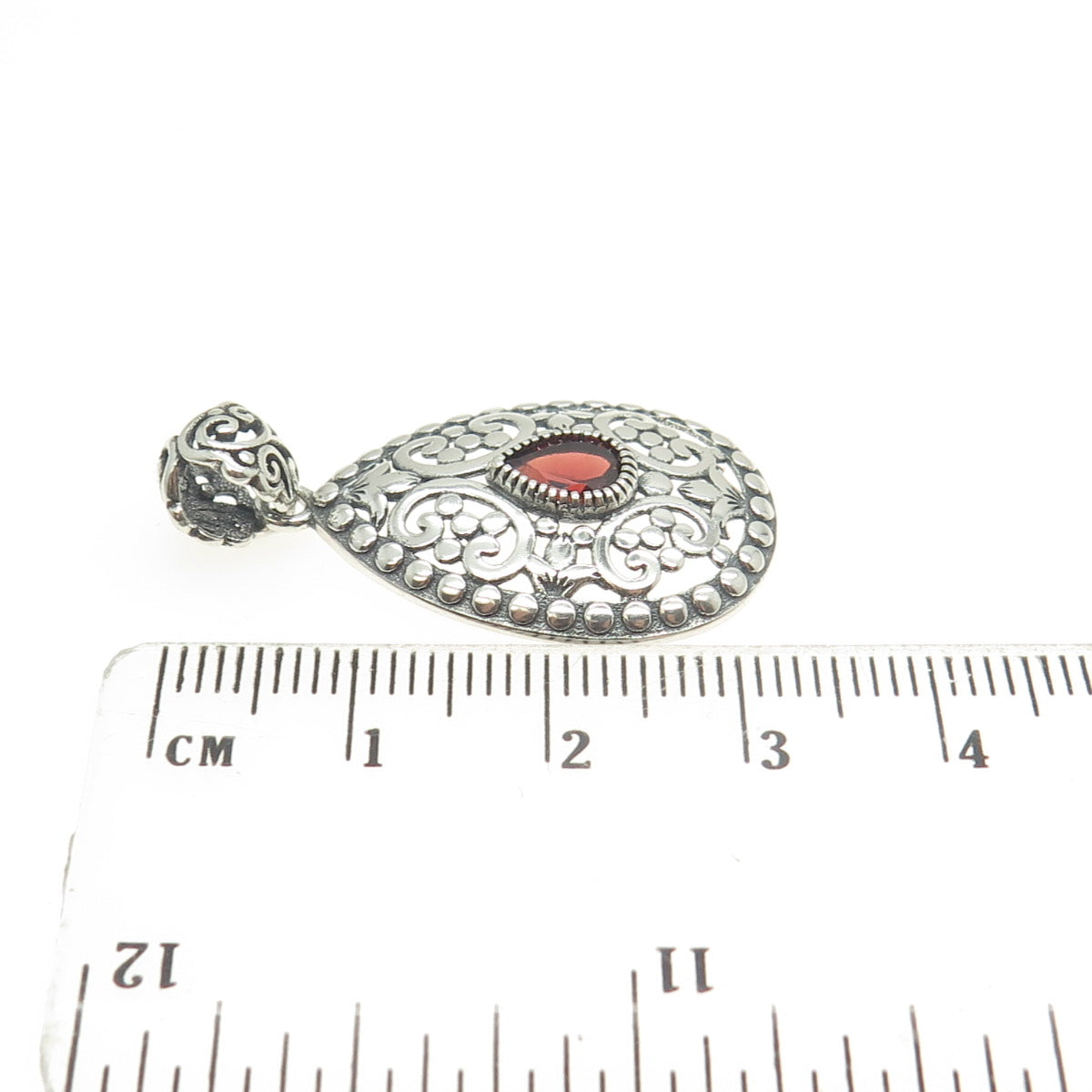 BERIA 925 Sterling Silver Pear-Cut Red Garnet Ornate Teardrop Pendant