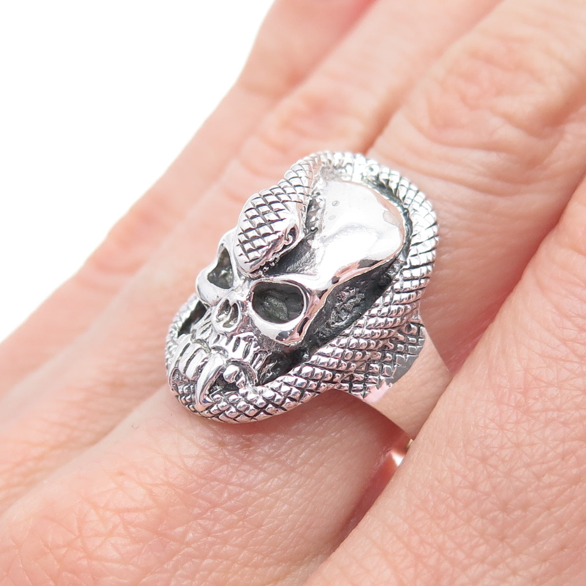 925 Sterling Silver Vintage Skull & Snake Oxidized Biker Ring Size 8.75