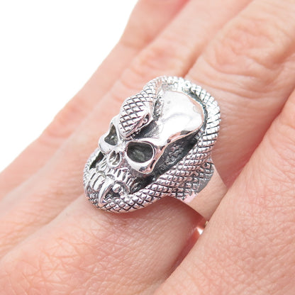 925 Sterling Silver Vintage Skull & Snake Oxidized Biker Ring Size 8.75