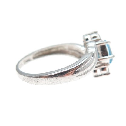 925 Sterling Silver Real Blue Topaz & Round-Cut C Z Bypass Ring Size 6