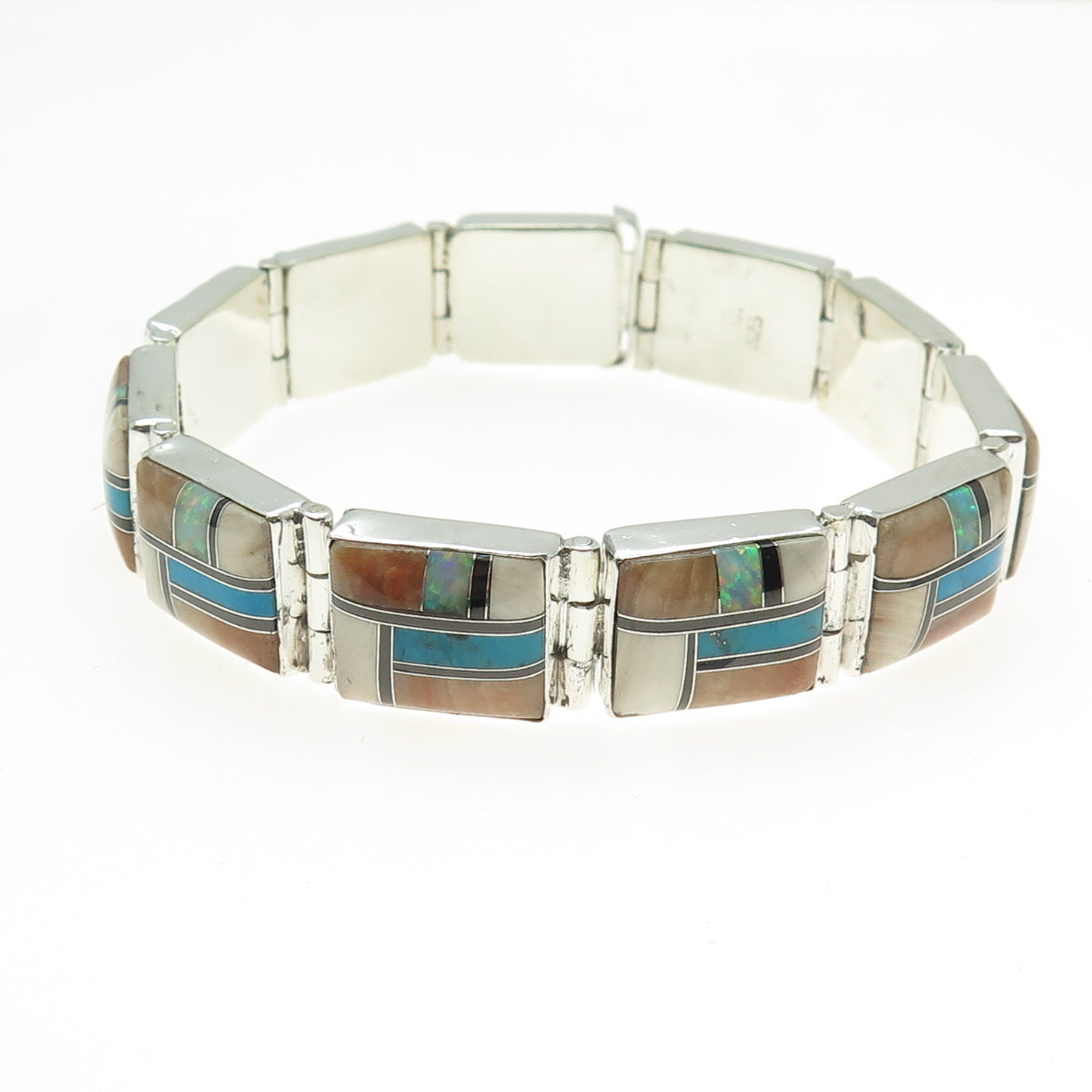 925 Sterling Vintage Southwestern Turquoise Agate Onyx Opal & MOP Bracelet 7.25"